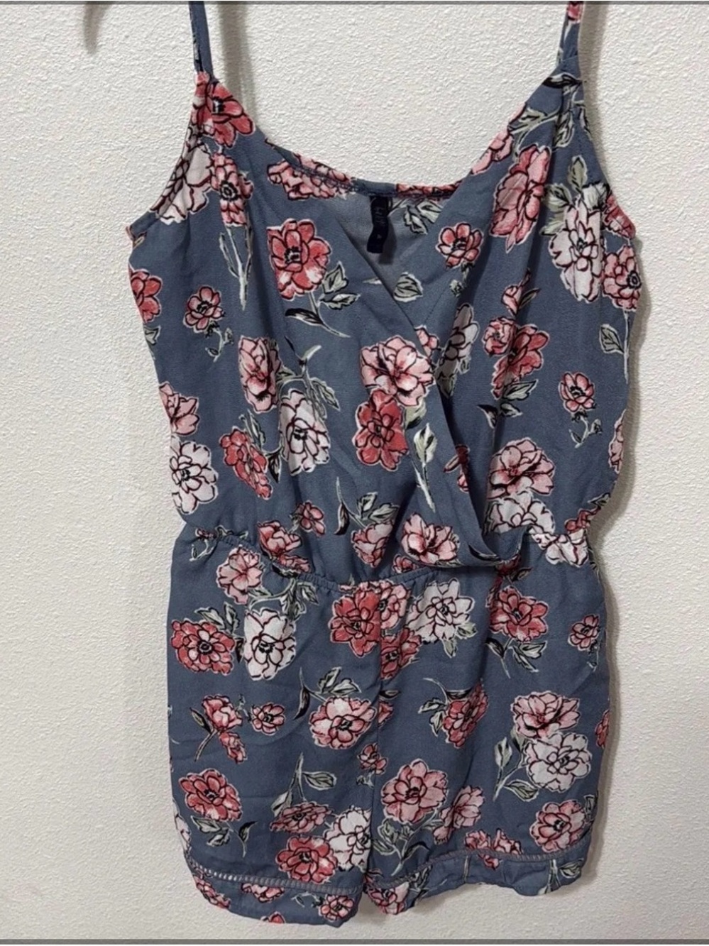 Floral Wrap-Front Spaghetti Strap Camisole Romper - Blue with Pink Floral